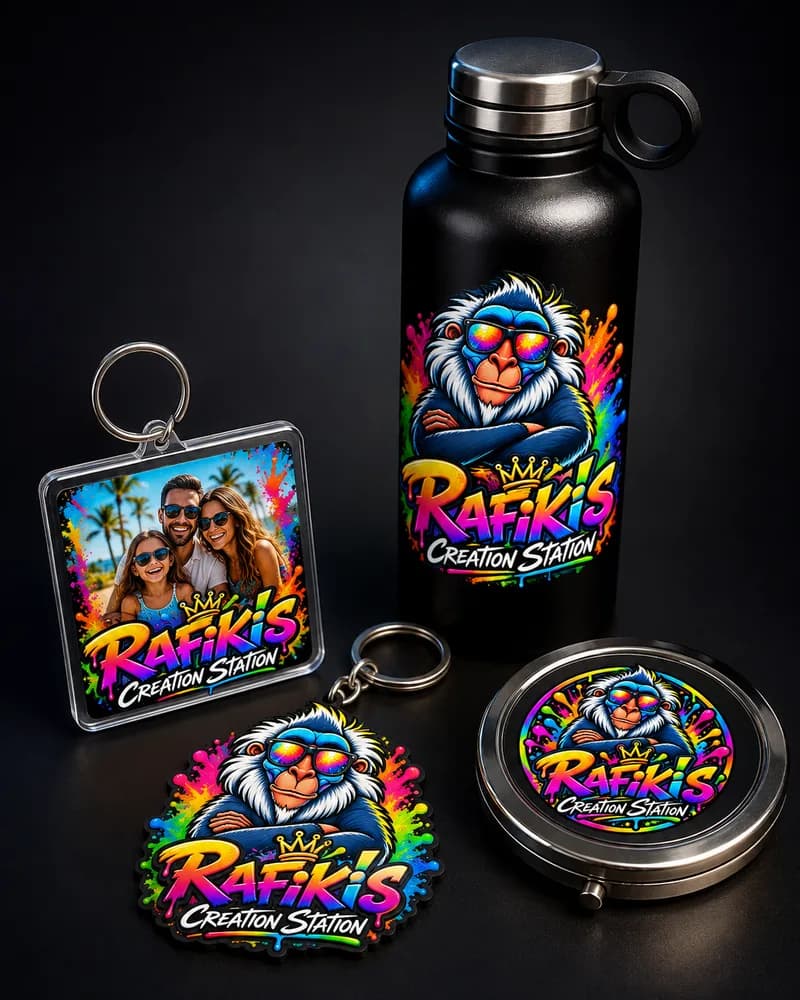 Personalised bottle, keyrings and compact mirror printed with custom artwork