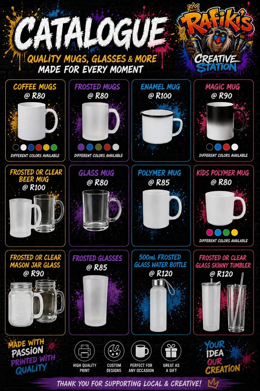 Shape and size guide for every mugs & glasses option Rafiki's Creation Station prints