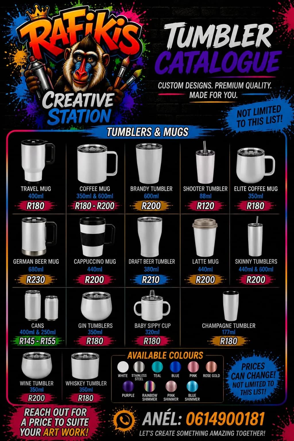 Catalogue page listing travel mugs, coffee mugs, brandy tumblers, shooter tumblers, elite coffee mugs, German beer mugs, cappuccino mugs, draft beer tumblers, latte mugs, skinny tumblers, cans, gin tumblers, a baby sippy cup, a champagne tumbler, a wine tumbler and a whiskey tumbler, priced R120 to R230